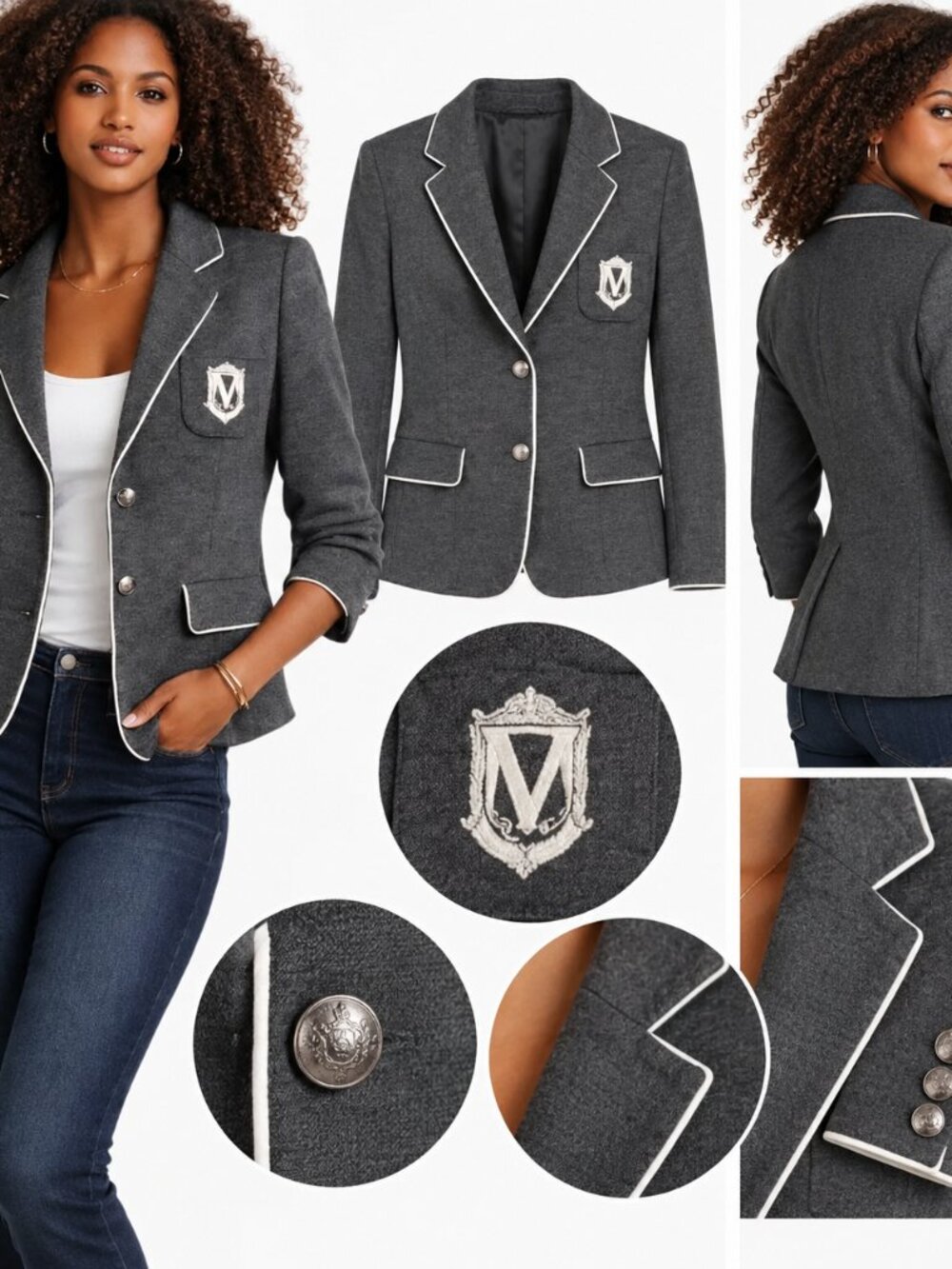 Club Monaco Grey Crest Blazer White Trim 3/4 Sleeve Preppy Button Jacket Sz 10